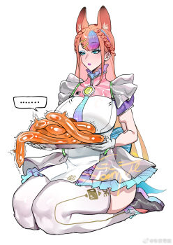 ... 1girl andou_inari animal_ears blank_stare blue_eyeshadow breasts closed_mouth dress expressionless extra_ears eyeshadow fox_ears full_body gloves green_eyes hair_ornament hairclip highres holding kneeling kuook large_breasts long_hair maid makeup multicolored_hair nijisanji orange_hair personality_excrement plate purple_lips robot_girl short_sleeves simple_background solo spoken_ellipsis thick_thighs thighhighs thighs virtual_youtuber virtuareal virtuareal_link white_gloves white_thighhighs