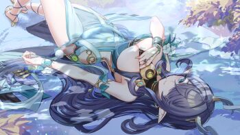 1girl absurdres antler_ornament antlers aqua_dress aqua_eyes armlet bangle black_hair bracelet breasts cleavage closed_mouth commentary covered_navel dappled_sunlight day deer_antlers deer_girl dress full_body genshin_impact gladiator_sandals gold_sandals hair_over_one_eye highres horns jewelry lauma_(genshin_impact) leaf long_hair looking_at_viewer lying medium_breasts official_art on_back outdoors pointy_ears sandals second-party_source shade side_slit sideless_dress sleeveless sleeveless_dress smile solo sunlight upside-down vision_(genshin_impact) yu-ri_(arium047)