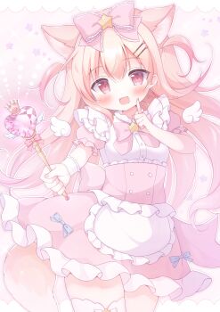 1girl :3 :d animal_ears apron blonde_hair blush bow bowtie brooch commentary_request cowboy_shot fang fox_ears fox_girl fox_tail frilled_apron frilled_bow frilled_skirt frills hair_bow hair_ornament hanasakichu hand_up highres holding holding_wand index_finger_raised jewelry long_hair looking_at_viewer mini_wings momose_nina open_mouth pink_bow pink_bowtie pink_skirt project_nebula red_eyes shirt short_sleeves skirt smile solo star_(symbol) star_brooch star_hair_ornament tail thighhighs two_side_up virtual_youtuber waist_apron wand white_apron white_shirt white_thighhighs wings wrist_cuffs