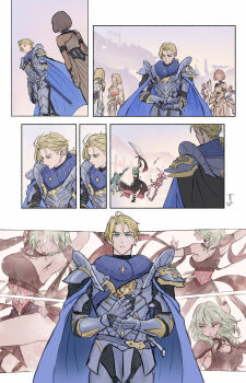 1boy 1girl armor armpits back blonde_hair blue_eyes breasts character_request cleavage dancer dancer_(fire_emblem:_three_houses) dancing dimitri_alexandre_blaiddyd female_byleth_(awakened)_(fire_emblem) female_byleth_(fire_emblem) fire_emblem fire_emblem:_three_houses fire_emblem_warriors:_three_hopes fur_trim green_eyes green_hair grey_armor highres ingrid_brandl_galatea large_breasts lilithcosa mercedes_von_martritz nintendo official_alternate_costume official_alternate_hairstyle thighs