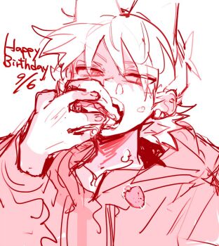 Rule 34 | 1boy, animification, bad id, bad twitter id, birthday, cake, commentary, eating, eddsworld, english text, food, fruit, hair ears, happy birthday, holding, holding cake, holding food, hood, hood down, inactive account, male focus, monochrome, nana (ebitokanimiso), painttool sai (medium), red theme, short hair, simple background, sketch, solo, strawberry, symbol-only commentary, tord (eddsworld), white background