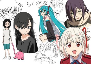 2boys 6+girls aqua_hair aqua_shirt black_hair black_shirt black_sleeves breasts character_request closed_mouth collarbone copyright_request edogawa_conan full_body glasses green_eyes hair_between_eyes hajikkoneko half-closed_eyes hatsune_miku houjou_tokiyuki_(nige_jouzu_no_wakagimi) kuze_shizuka long_hair looking_at_viewer lycoris_recoil meitantei_conan multiple_boys multiple_girls nige_jouzu_no_wakagimi nishikigi_chisato purple_hair shirt short_hair sitting takopii_no_genzai translation_request upper_body vocaloid white_background white_shirt