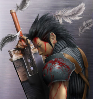 Rule 34 | 1990s (style), angeal hewley, black hair, blood, buster sword, crisis core: final fantasy vii, feathers, final fantasy, final fantasy vii, image sample, pixiv sample, resized, retro artstyle, scar, sword, weapon, zack fair