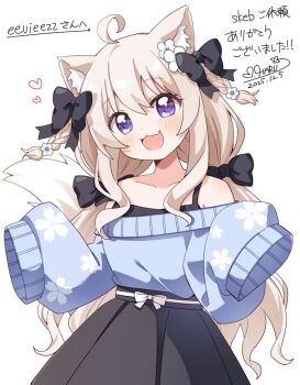 Rule 34 | 1girl, :3, :d, ahoge, animal ear fluff, animal ears, bare shoulders, black bow, black shirt, black skirt, blonde hair, blue sweater, blush, bow, collarbone, commentary, commission, cowboy shot, dated, dot nose, english commentary, fox ears, fox girl, fox tail, hair between eyes, hair bow, hands up, haru (konomi 150), heart, long hair, long sleeves, looking at viewer, low twintails, off-shoulder sweater, off shoulder, open mouth, original, purple eyes, shirt, signature, simple background, skeb commission, skirt, sleeveless, sleeveless shirt, sleeves past fingers, sleeves past wrists, smile, solo, sweater, tail, twintails, white background