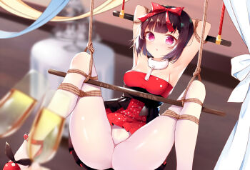 Rule 34 | 1girl, alcohol, armpits, arms behind head, arms up, bdsm, black hair, blurry, blurry background, blush, bondage, bound, bow, breasts, cameltoe, champagne, champagne glass, chinese text, cup, dated, dress, drink, drinking glass, female focus, fur trim, girls' frontline, hair bow, indoors, looking at viewer, m99 (girls' frontline), medium breasts, open mouth, pantyhose, pink eyes, pleated dress, red bow, red dress, red shoes, rope, shiny skin, shoes, short hair, solo, spreader bar, strapless, strapless dress, suspension, translation request, white pantyhose, zhao (pixiv12947327)