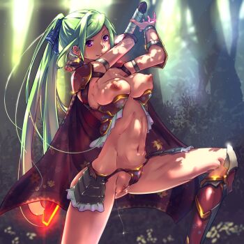 1girl armor bad_id bad_pixiv_id bikini_armor boots bracer breasts breasts_out cape clitoris dappled_sunlight earrings female_focus forest functionally_nude green_hair highres jewelry large_breasts long_hair looking_at_viewer midriff nature navel nipples original outdoors ponytail purple_eyes pussy pussy_juice pussy_juice_trail revealing_clothes smile solo sunlight sword tree uncensored very_long_hair warrior weapon wedgie yamada_(gotyui)