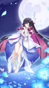 1girl absurdres arm_ribbon bare_shoulders barefoot black_hair blue_flower blue_petals bow closed_eyes colored_inner_hair columbina_(genshin_impact) commentary dress eye_mask falling_petals flower full_body full_moon genshin_impact hair_intakes hair_ribbon hand_up head_wings highres jiu_fanglianhua long_hair mask moon multicolored_hair night petals purple_hair ribbon ripples sky solo star_(sky) thigh_strap very_long_hair white_bow white_dress white_ribbon white_wings wings wrist_bow