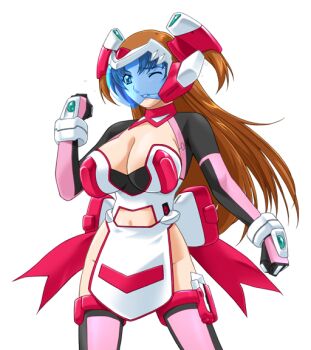 1girl blue_eyes breasts brown_hair cleavage clothing_cutout face_shield game_cg gan-chan_(artist) gloves headgear helmet hitozuma_sentai_aisaiger large_breasts large_variant_set long_hair magical_girl morisaki_miku navel navel_cutout no_panties non-web_source official_art one_eye_closed pelvic_curtain saiger_rose solo thighhighs transparent_background two_side_up variant_set