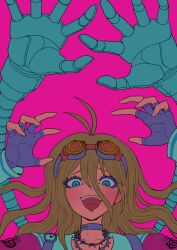 Rule 34 | 1girl, :d, absurdres, antenna hair, arms up, barbed wire, choker, collarbone, danganronpa (series), danganronpa v3: killing harmony, fingerless gloves, gloves, goggles, goggles on head, hair between eyes, highres, iruma miu, long hair, mechanical arms, open mouth, pink background, pink shirt, shirt, simple background, smile, solo, teeth, tongue, tongue out, upper teeth only, youko-shima