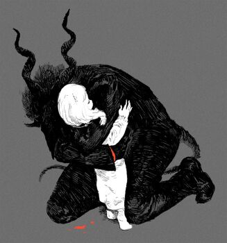 1boy 1girl black_hair black_suit child commentary_request dress formal_clothes furry furry_male grey_background horns hug kneeling long_hair nagabe sensei_(totsukuni_no_shoujo) shiva_(totsukuni_no_shoujo) simple_background spot_color suit tail totsukuni_no_shoujo white_dress white_hair