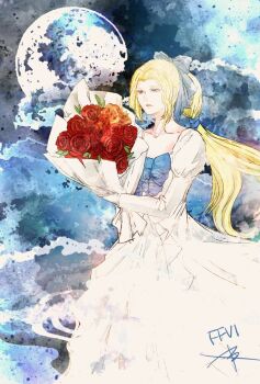 1girl blonde_hair blue_bow blue_eyes bouquet bow celes_chere collarbone commentary_request copyright_name dress dress_bow final_fantasy final_fantasy_vi flower full_moon hair_bow holding holding_bouquet juliet_sleeves long_hair long_sleeves moon ponytail puffy_sleeves red_flower red_rose rose ruka_(blueplus84) solo white_dress