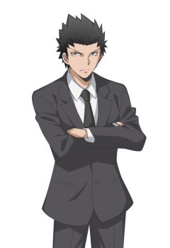 1boy anime_coloring ansatsu_kyoushitsu black_eyes black_hair black_jacket black_necktie black_pants closed_mouth collared_shirt cowboy_shot crossed_arms frown higami_aya highres jacket karasuma_tadaomi male_focus necktie official_art pants shirt simple_background solo tachi-e transparent_background white_shirt