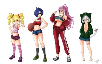 4girls absurdres ball basketball_(object) blonde_hair blue_eyes blue_hair breasts cerb_(kaschmatz) crop_top glasses green_eyes green_hoodie grin hair_over_one_eye hand_on_own_hip hands_in_pockets highres hood hood_up hoodie jacket kaschmatz long_hair matz_(kaschmatz) max_(kaschmatz) medium_breasts midriff multiple_girls no_bra no_shoes open_clothes open_hoodie open_jacket original panties peace_symbol pink_hair ponytail red_eyes sandals see-through_clothes shirt shoes short_hair short_shorts shorts skirt skull_(kaschmatz) sleeveless sleeveless_shirt small_breasts smile socks sportswear striped_clothes striped_thighhighs tail thighhighs tongue tongue_out twintails underwear white_hair