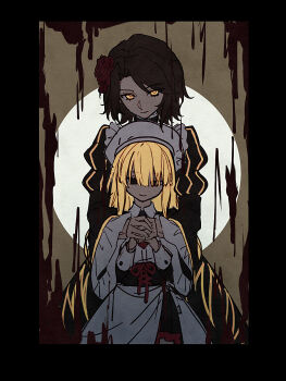 2others aged_down aluce apron black_dress black_eyes blonde_hair brown_hair choker dress dual_persona flower glowing glowing_eyes gold_trim hair_flower hair_ornament highres maid maid_apron multiple_others red_flower red_rose ribbon rose spoilers umineko_no_naku_koro_ni yasu_(umineko) yellow_eyes