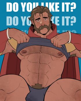 1boy abs armpit_hair bara bare_pectorals beard biceps blue_male_underwear bulge cape closed_mouth clothes_lift dispatch english_text facial_hair highres looking_at_viewer male_focus male_underwear muscular muscular_male mustache no_pants pectorals phenomaman_(dispatch) pubic_hair pubic_hair_peek red_cape shirt_lift superhero_costume tearing_up underwear yorumaell