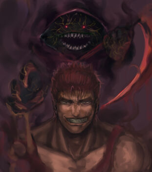 Rule 34 | 2boys, aura, cheek injury, collarbone, colored skin, commentary, dark, demon, glowing, glowing eyes, green skin, grin, hair slicked back, hinata shogo, holding, holding scythe, holding weapon, hood, hood up, hooded robe, looking at viewer, multiple boys, muscular, muscular male, no pupils, open mouth, red eyes, red hair, red rope, red shirt, red tank top, robe, rope, scythe, shirt, short hair, smile, tank top, teeth, toriko (series), voice demon, weapon, zebra (toriko)