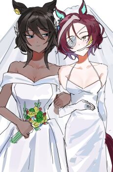 2girls alternate_hairstyle animal_ears arm_at_side arm_hug astronghouse bare_shoulders black_hair blonde_hair blue_eyes blush bouquet breasts bridal_veil bride cleavage closed_mouth couple dark-skinned_female dark_skin double_bun dress earclip elbow_gloves eyepatch flower gloves grey_hair hair_between_eyes hair_bun highres holding holding_bouquet horse_ears horse_girl horse_tail jewelry large_breasts looking_at_another looking_to_the_side medium_breasts multicolored_hair multiple_girls off-shoulder_dress off_shoulder one_eye_covered parted_lips red_hair ring short_hair side-by-side sketch smile spaghetti_strap standing straight-on symboli_kris_s_(umamusume) tail tanino_gimlet_(umamusume) umamusume veil very_dark_skin wedding_dress wedding_ring white_dress white_gloves wife_and_wife yellow_eyes yuri