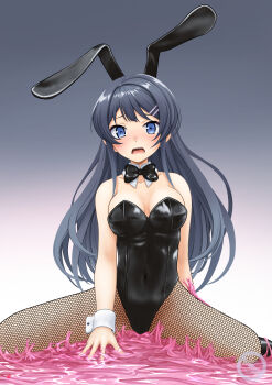 1girl absurdres animal_ear_hairband animal_ears black_bow black_bowtie black_hair black_leotard blue_eyes bow bowtie breasts cleavage commission detached_collar fake_animal_ears fishnet_pantyhose fishnets gradient_background grey_background hair_ornament hairband hairclip highres leotard long_hair medium_breasts nao_suke open_mouth pantyhose playboy_bunny rabbit_ears sakurajima_mai seishun_buta_yarou sitting skeb_commission slime_(substance) solo sticky strapless strapless_leotard wariza wrist_cuffs
