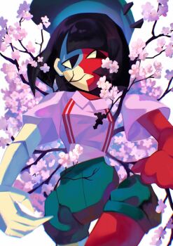 1girl black_eyes black_hair blunt_bangs blunt_ends bob_cut cherry_blossoms cherry_tree colored_skin commentary ena:_dream_bbq ena_(dream_bbq) ena_(series) ena_(species) green_hat hat highres low_poly multicolored_skin open_mouth red_skin salesperson_ena shirt short_sleeves solo split-color_skin symbol-only_commentary two-tone_skin usagimarumei