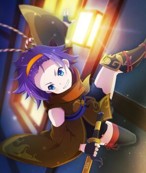 1girl asymmetrical_legwear bangs_pinned_back bare_shoulders black_gloves black_socks black_thighhighs blue_eyes blue_sash brown_kimono brown_sleeves detached_sleeves dot_nose fingerless_gloves game_cg gloves grin hairband holding holding_sword holding_weapon japanese_clothes katana kimono kneehighs looking_to_the_side maruyama_akane ninja obi official_art on_wall orange_hairband outstretched_arm purple_hair rope sash shimenawa shin_guards short_hair sideways_glance single_kneehigh single_sock single_thighhigh sleeveless sleeveless_kimono smile socks solo sword thighhighs third-party_source toji_no_miko toji_no_miko:_kizamishi_issen_no_tomoshibi v-shaped_eyebrows weapon wide_sleeves