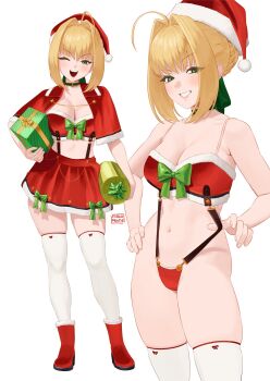 1girl ahoge bare_shoulders bikini blonde_hair blush boots bow box bra braid breasts capelet carlo_montie cleavage commentary english_commentary fate/extra fate_(series) full_body fur-trimmed_headwear fur_trim gift gift_box green_eyes green_ribbon grin hair_bun hair_intakes hair_ribbon hat highres large_breasts long_hair looking_at_viewer multiple_views navel nero_claudius_(fate) one_eye_closed open_mouth red_bikini red_boots red_bra red_capelet red_hat red_skirt ribbon santa_hat skirt smile swimsuit thighhighs thighs underwear white_thighhighs