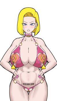 android android_18 barcode barcode_tattoo blonde_hair blue_eyes cheating_(relationship) choker choker_bikini clitoris dragon_ball dragon_ball_super dragonball_z n92go nail_polish netorare nipple_piercing nipples piercing prostitution pubic_tattoo race_fetishism spade spades tattoo