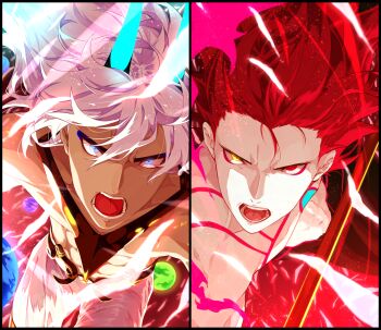 2boys abs alternate_costume alternate_hairstyle angry arjuna_(fate) arjuna_alter_(fate) arjuna_alter_(first_ascension)_(fate) bishounen blue_eyes chest_tattoo dark-skinned_male dark_skin earrings fate/grand_order fate_(series) fighting_stance fuka_(hk_nemo) glowing_horns hair_between_eyes heterochromia highres horns jewelry karna_(fate) lance long_hair looking_at_viewer male_focus multiple_boys open_mouth pale_skin polearm red_hair split_screen tail tattoo toned toned_male topless_male upper_body weapon white_hair yellow_eyes
