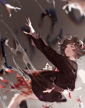 2girls :d ankle_boots black_coat black_footwear black_hair boots coat curly_hair dress falling feather_dress feather_hair_ornament feathers feet_out_of_frame from_side gradient_background grey_background hair_ornament highres jewelry liquid long_sleeves multiple_girls necklace open_mouth outstretched_arm outstretched_hand pearl_necklace reaching reaching_towards_another red_dress red_eyes red_feathers reverse:1999 schneider_(reverse:1999) short_dress short_hair smile solo_focus vertin_(reverse:1999) yang_miemie_benti