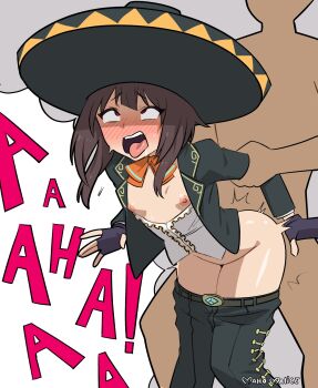 1boy 1girl 2025 absurdres belt blush breasts brown_hair clothed_female_nude_male clothes_pull faceless faceless_male fingerless_gloves gloves hat hetero highres jacket kono_subarashii_sekai_ni_shukufuku_wo! legs loli long_hair maho_malice mariachi megumin moaning nipples nude open_clothes open_jacket pants pants_pull rolling_eyes saliva sex small_breasts thighs tongue tongue_out