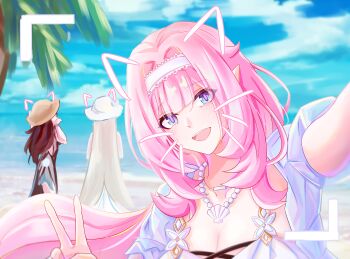 3girls absurdres aponia aponia_(mesmerizing_blue) beach blue_eyes blue_sky breasts chinese_commentary cleavage commentary_request drawn_ears drawn_whiskers eden_(flowing_rhyme)_(honkai_impact) eden_(honkai_impact) elf elysia_(honkai_impact) elysia_(miss_pink_elf)_(honkai_impact) elysia_(summer_miss_elf)_(honkai_impact) hairband hat highres honkai_(series) honkai_impact_3rd jewelry large_breasts long_hair looking_at_viewer multiple_girls necklace nswwenzi ocean official_alternate_costume palm_tree pink_hair pointy_ears selfie shell shell_necklace sky straw_hat tree v very_long_hair viewfinder white_hairband white_hat
