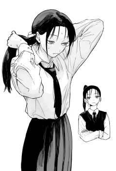 1girl adjusting_hair expressionless highres im_edamame mole monochrome skirt sweat sweatdrop tagme tying_hair
