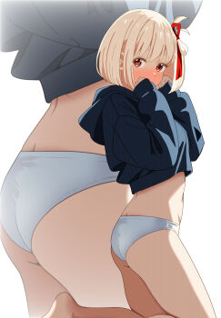 1girl absurdres ass barefoot black_hoodie blonde_hair blush hair_ribbon hands_up highres hood hoodie kneeling looking_at_viewer lycoris_recoil nishikigi_chisato no_pants panties red_eyes red_ribbon ribbon short_hair simple_background sleeves_past_wrists solo tetsuado thighs underwear white_background white_panties zoom_layer