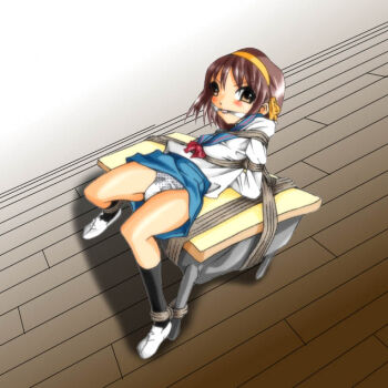 00s 1girl bad_anatomy bdsm bondage bound breast_bondage breasts brown_hair cleave_gag cloth_gag desk female_focus gag gagged improvised_gag panties poorly_drawn quality rope short_hair solo suzumiya_haruhi suzumiya_haruhi_no_yuuutsu underwear