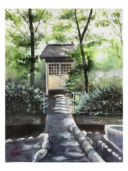 absurdres dappled_sunlight fence forest garden highres landscape nature no_humans original painting_(medium) path plant road sazanka_352 scenery shadow sunlight traditional_media tree tree_shade watercolor_(medium)