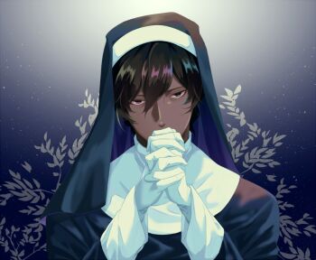 1boy arjuna_(fate) black_eyes black_hair commentary_request covered_mouth crossdressing crossdressing_(mtf) fate/grand_order fate_(series) fuka_(hk_nemo) gloves gradient_background hair_between_eyes light_particles looking_at_viewer male_focus nun praying solo white_gloves