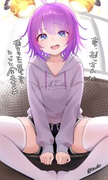 1boy :d absurdres ahoge black_shorts blue_eyes blush butterfly_sitting collarbone commentary_request dolphin_shorts fang franklin_(monster_strike) highres hood hoodie indoors knees_apart_feet_together monster_strike nibo_shia open_mouth pink_hoodie purple_hair raised_eyebrow short_hair shorts sitting skin_fang skindentation smile smug solo thighhighs translation_request trap v_arms white_thighhighs