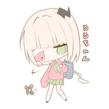 Rule 34 | 1girl, bag, bandaged head, bandages, cellphone, chibi, commentary, e2ze2, full body, green eyes, green neckerchief, highres, kneehighs, long sleeves, looking at viewer, neckerchief, phone, pink sweater, pleated skirt, ruru (shinsei kamattechan), shinsei kamattechan, short hair, shoulder bag, simple background, skirt, sleeves past wrists, socks, solo, stuffed animal, stuffed mouse, stuffed toy, sweater, symbol-only commentary, white background