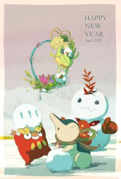 :o animal_focus black_eyes blue_fur border character_snowman closed_eyes comfey cyndaquil darumaka flower full_body gen_2_pokemon gen_5_pokemon gen_7_pokemon green_eyes grey_background grey_sky grin happy_new_year highres isutai looking_at_another new_year nintendo no_humans open_mouth outdoors pink_flower pokemon pokemon_(creature) red_flower rope_necklace simple_background sky smile snout snowball standing white_border white_flower yellow_flower yellow_fur