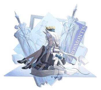 1girl animal_ears arknights bare_shoulders black_bow black_dress black_shoes blue_bow blue_dress bow character_name clothing_cutout commentary dress dress_bow footwear_bow from_side full_body green_eyes highres legs long_hair multicolored_dress multicolored_shoes official_alternate_costume ribbon rosmontis_(an_airy_dream)_(arknights) rosmontis_(arknights) scar scar_on_shoulder shoes short_sleeves shoulder_cutout simple_background sitting solo twitter_username two-tone_shoes vincentime white_background white_dress white_hair white_ribbon white_shoes