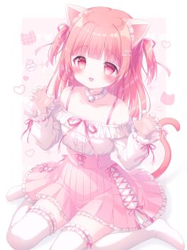 Rule 34 | 1girl, :d, :o, absurdres, animal ear fluff, animal ears, bare shoulders, bell, blush, bow, breasts, cat ears, cat girl, cat tail, choker, cleavage, collar, collarbone, commentary request, commission, fang, frills, full body, hair between eyes, hair bow, hair ornament, hair ribbon, heart, highres, jingle bell, long hair, long sleeves, looking at viewer, medium breasts, no shoes, off shoulder, open mouth, original, paw pose, pink eyes, pink hair, pleated skirt, red eyes, ribbon, shirt, sitting, skeb commission, skirt, sleeves past wrists, smile, solo, tail, tail bow, tail ornament, tail raised, tail ribbon, thighhighs, twintails, two side up, usami cocoa, wariza, white shirt, zettai ryouiki