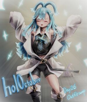 2girls antenna_hair black_shirt black_shorts blue_hair breasts closed_eyes cosplay highres hololive hololive_indonesia jacket kobo_kanaeru long_hair moona_hoshinova moona_hoshinova_(1st_costume) moona_hoshinova_(cosplay) multiple_girls navel nymph_rhythm open_mouth oversized_clothes purple_hair shirt shorts small_breasts virtual_youtuber white_jacket