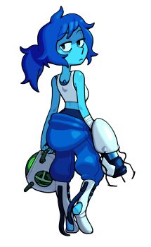 alt_text aperture_science_handheld_portal_device bags_under_eyes blue_eyes blue_hair blue_pants blue_skin breasts chell chell_(cosplay) colored_skin commentary cosplay discount-supervillain english_commentary gun highres holding holding_gun holding_weapon jumpsuit jumpsuit_around_waist lapis_lazuli_(steven_universe) light_frown long_fall_boots long_hair pants ponytail portal_(series) shirt small_breasts steven_universe tank_top transparent_background weapon white_shirt