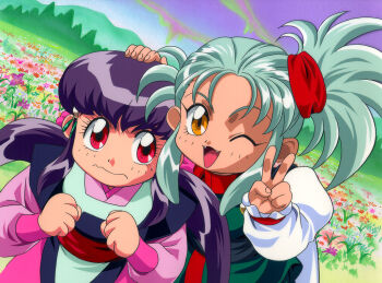 1990s_(style) 2girls aged_down child day fangs field flower flower_field green_hair hand_on_another's_head long_hair long_sleeves looking_at_viewer masaki_aeka_jurai meadow multiple_girls nature non-web_source official_art one_eye_closed open_mouth outdoors purple_hair red_eyes retro_artstyle ryouko_(tenchi_muyou!) side_ponytail standing tenchi_muyou! v wavy_mouth yellow_eyes