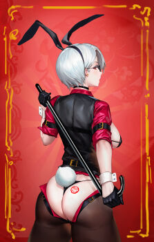 1girl absurdres animal_ears arecus ass belt belt_buckle black-framed_eyewear black_belt black_bra black_choker black_gloves black_hairband black_panties black_thighhighs black_vest bra breasts breasts_out buckle cane choker commentary_request copyright_request earrings fake_animal_ears fake_tail from_behind glasses gloves hairband highres holding holding_cane jewelry medium_breasts panties playboy_bunny rabbit_tail red_eyes red_shirt shirt short_hair shortcake solo standing tail thighhighs thong underwear vest white_hair wrist_cuffs