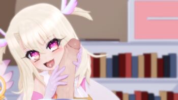 1boy 1girl 3d bedroom blonde_hair blush book dress facejob fate/kaleid_liner_prisma_illya fate_(series) gloves gradient_eyes grin gs-mantis half-closed_eyes handjob happy heart heart-shaped_pupils hetero highres illyasviel_von_einzbern lipstick loli magical_girl makeup multicolored_eyes naughty_face penis penis_on_face pink_dress red_eyes saliva saliva_trail smile solo_focus symbol-shaped_pupils thank_you tongue uncensored wand white_gloves