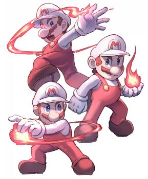 1boy blue_eyes brown_hair facial_hair fire fire_mario fireball full_body gloves hat highres mario mario_(series) mustache nintendo overalls series smile super_mario_bros._1