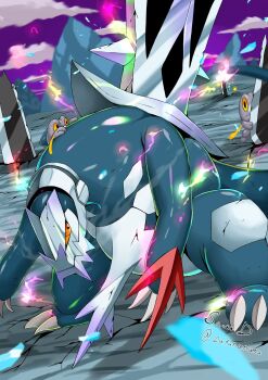 alternate_color baxcalibur blue_skin claws colored_sclera colored_skin commentary_request dragon fangs frigibax highres ice icicle mega_baxcalibur mountain nintendo pokemon pokemon_(creature) pokemon_focus pokemon_legends:_z-a pokemon_on_back red_claws sawa_d scales shiny_pokemon spines sword tail weapon yellow_eyes yellow_sclera