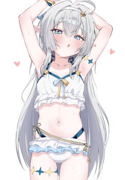 1girl ahoge arm_up armpits bikini cowboy_shot female_tyrant_(stella_sora) frilled_bikini frills grey_hair hairband heart highres key long_hair looking_at_viewer navel official_alternate_costume open_mouth pointy_ears solo stella_sora swimsuit tyrant_(stella_sora) white_background white_bikini yeou_kkoli