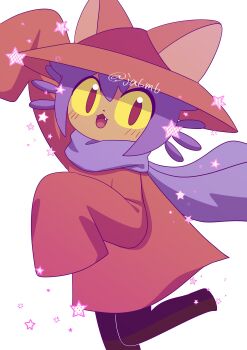 1other :3 absurdres androgynous animal_hat arm_up blush brown_coat brown_eyes brown_hat cat_hat child coat colored_sclera dot_nose fang hat highres ja6m6 long_sleeves medium_hair niko_(oneshot) oneshot_(game) open_mouth other_focus purple_hair purple_scarf scarf sleeves_past_fingers sleeves_past_wrists solo standing standing_on_one_leg star_(symbol) twitter_username white_background yellow_sclera