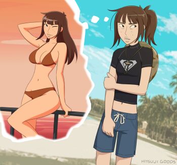 Rule 34 | 1girl, artist name, beach, bikini, black eyes, blue male swimwear, blue swim trunks, breasts, brown bikini, brown hair, commentary, crop top, cropped shirt, english commentary, freckles, hat on back, highres, hitsuji (hitsujigoods), imagining, kara eklund, large breasts, male swimwear, navel, neet girl date night, original, parted lips, ponytail, railing, shirt, small breasts, speech bubble, swim trunks, swimsuit, t-shirt, thought bubble